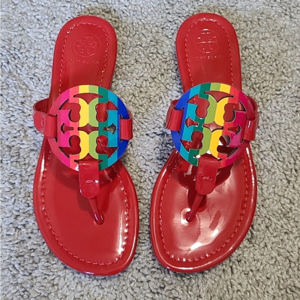 Like New Tory Burch Miller Sandal Shoe Leather Patent  Bright Rainbow Ruby Red 7
